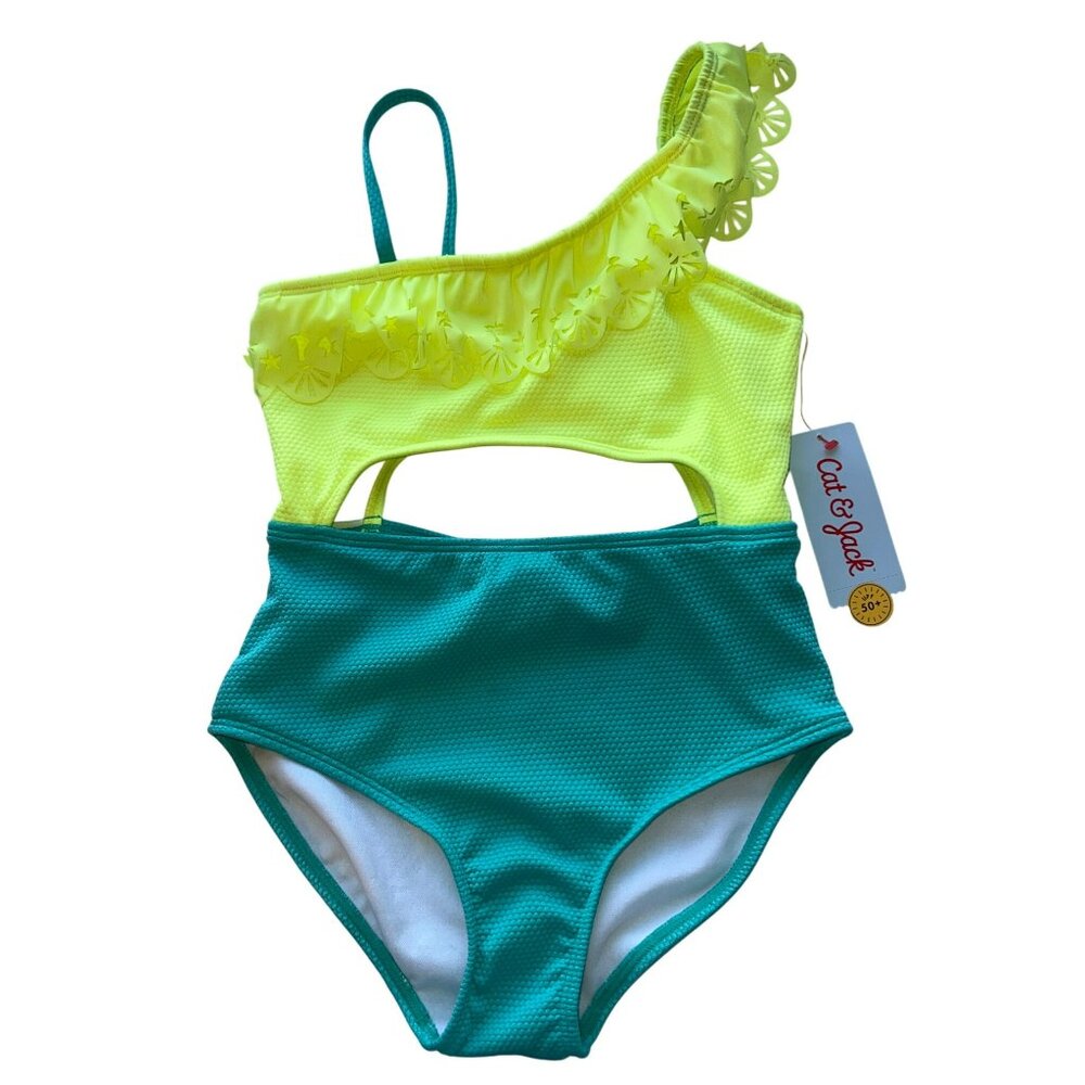 Cat & Jack Girls One-Shoulder Ruffle Swimsuit M (8) Yellow & Green - Picture 1 of 7